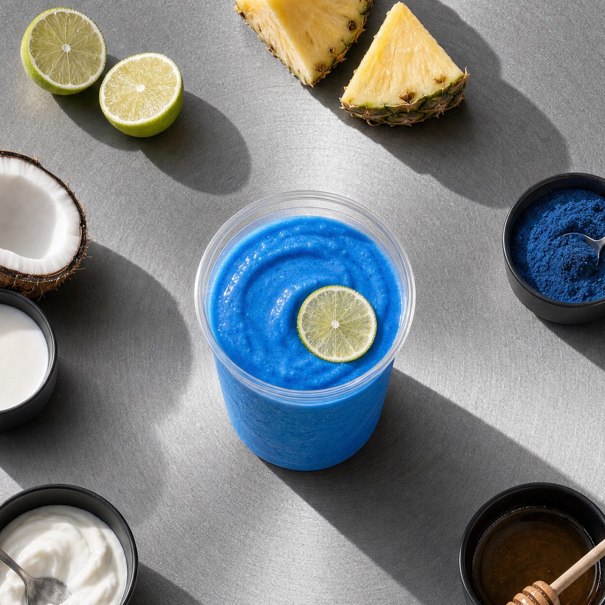 The Nitrous drop: an electric blue smoothie in a clear 24 oz cup on brushed aluminum, blue spirulina, pineapple, banana and coconut laid out around it